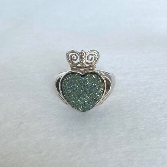 Sterling Silver 925 Ireland JMH Jewelry Claddagh Titanium Druzy Heart Ring 5.75 - Picture 11 of 16
